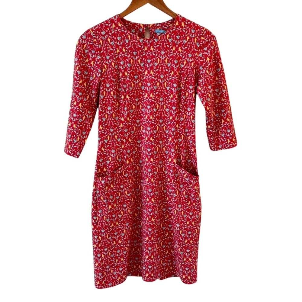 J. McLaughlin Dress Womens XS Catalina Cloth Red Floral‎ Bird 3/4 Sleeve Preppy